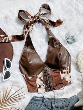 Brown Faux Leather Cow Print Halter Corset Top